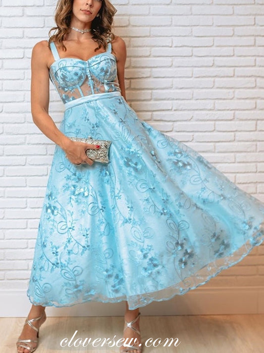 Blue Lace Sweet Sleeveless A-line Party Dresses, CP0697