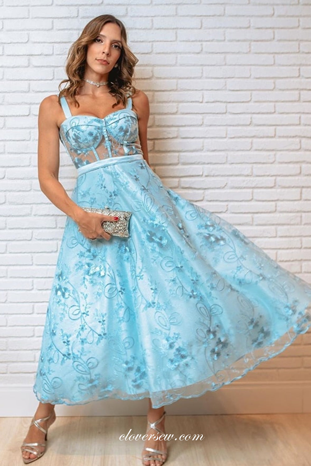 Blue Lace Sweet Sleeveless A-line Party Dresses, CP0697
