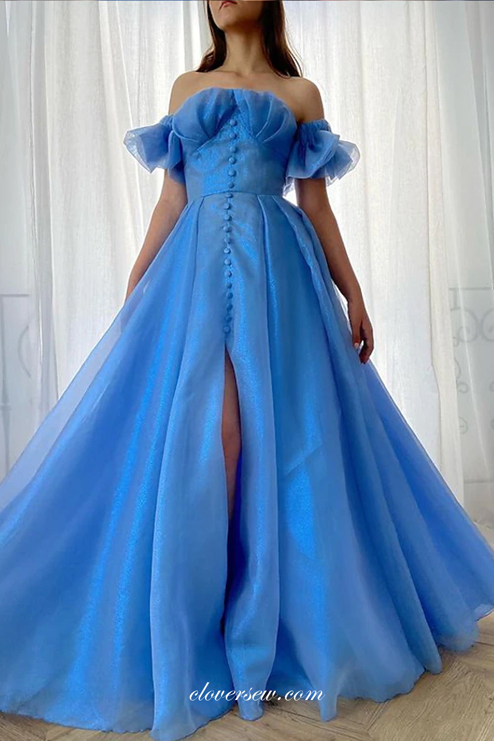 Blue Organza Off The Shoulder A-line Elegant Prom Dresses, CP0729