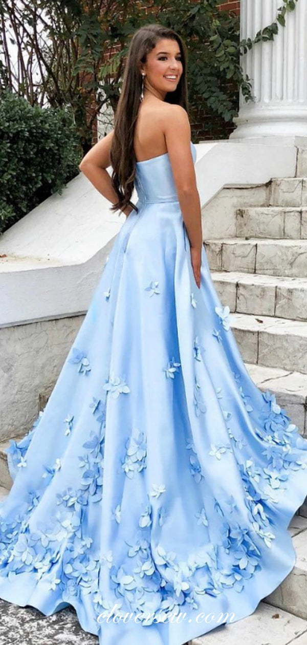 Blue Satin Applique Strapless A-line With Pockets Prom Dresses, CP0546