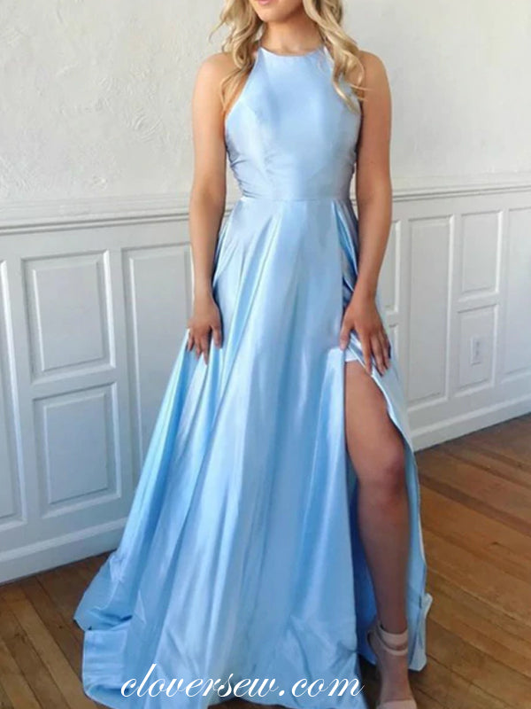 Blue Satin Halter Lace Up Back A-line Side Slit Prom Dresses, CP0549