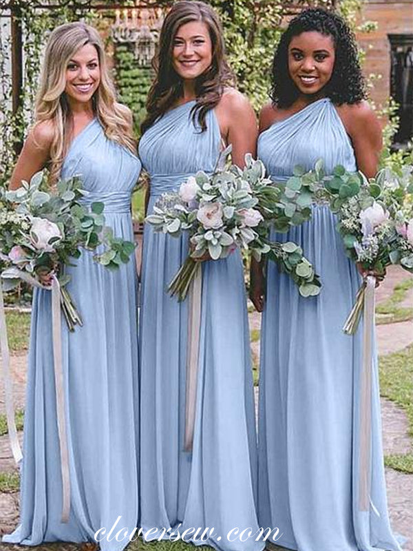 Blue Chiffon One Shoulder A-line Long Bridesmaid Dresses,CB0107