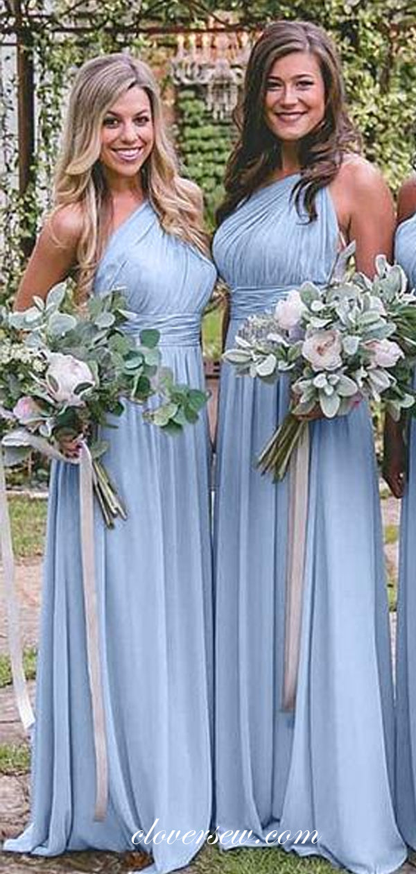Blue Chiffon One Shoulder A-line Long Bridesmaid Dresses,CB0107