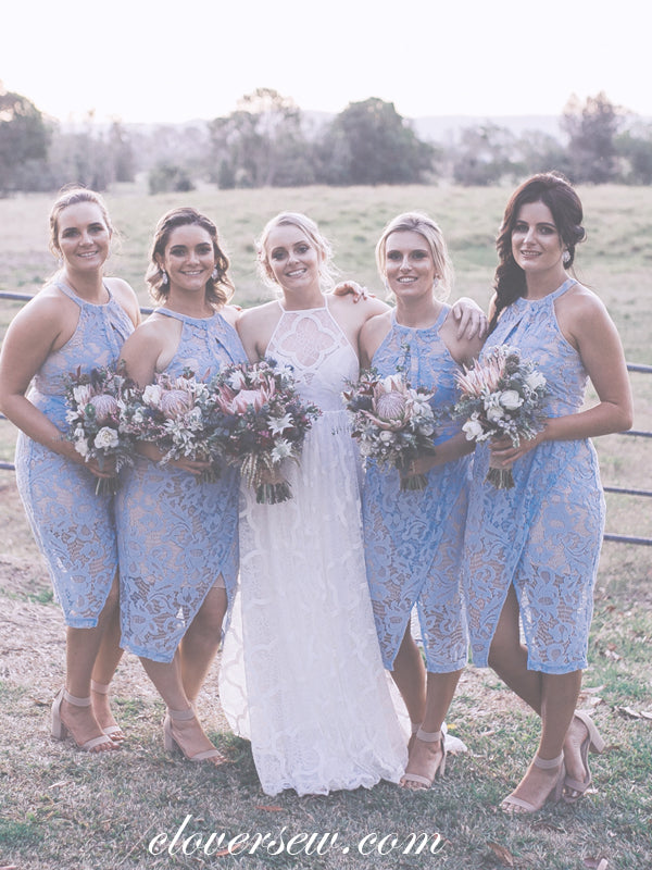 Blue Lace Sheath Halter Knee Length Bridesmaid Dresses, CB0019