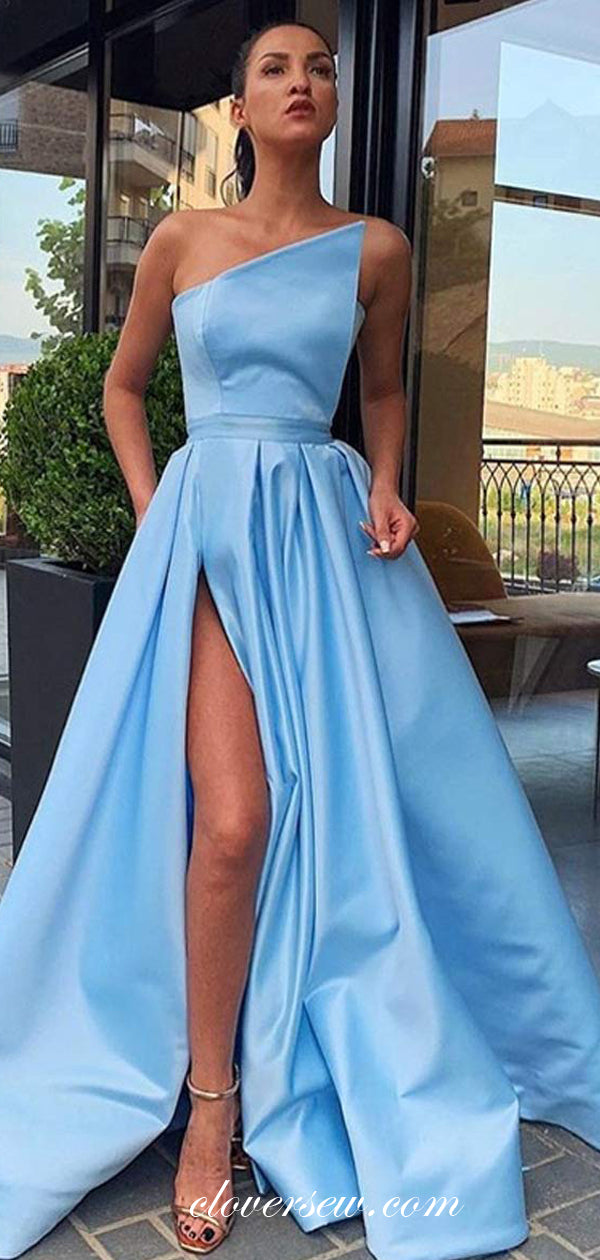 Blue Satin Strapless A-line With Side Slit Prom Dresses ,CP0372