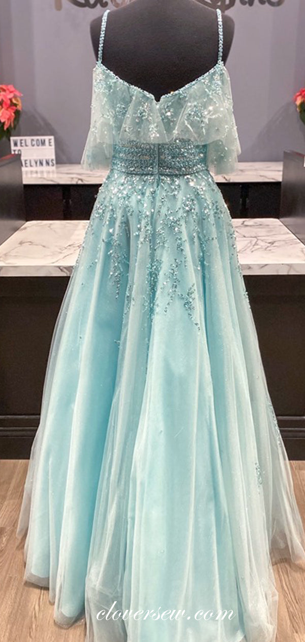 Blue Tulle Bead Off The Shoulder A-line Prom Dresses, CP0272