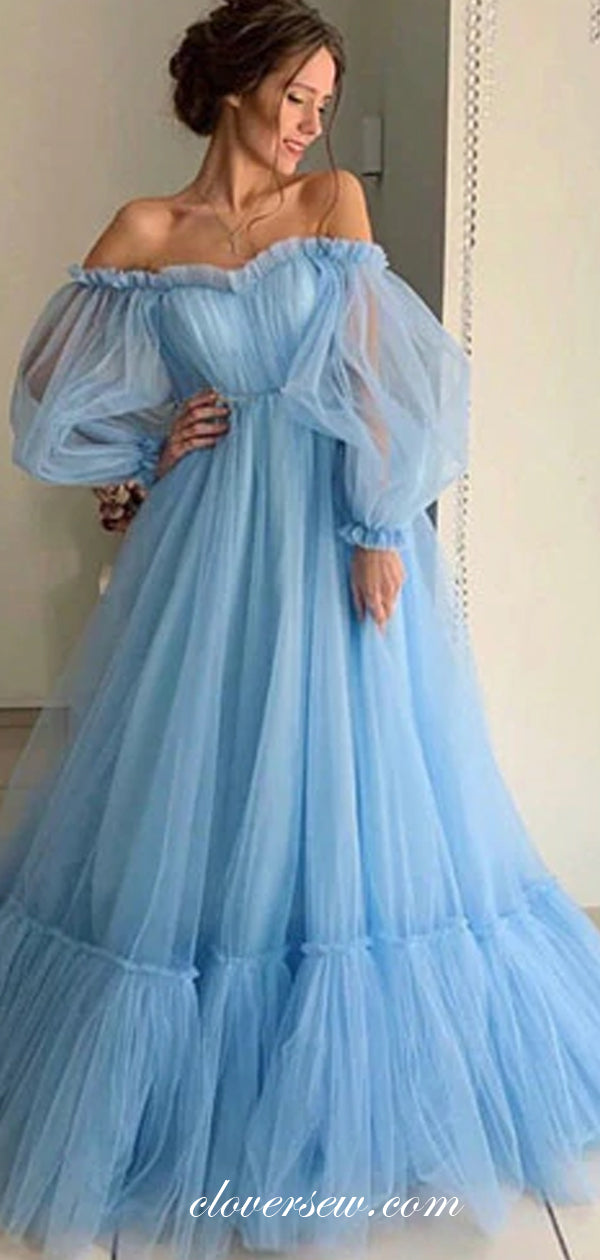 Blue Tulle Off The Shoulder Long Sleeves A-line Prom Dresses, CP0475