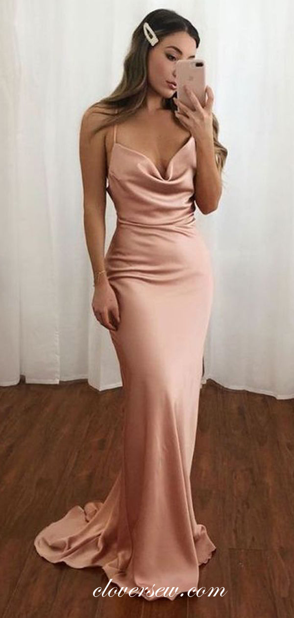Blush Pink Elastic Satin Spaghetti Strap Sheath Prom Dresses, CP0574