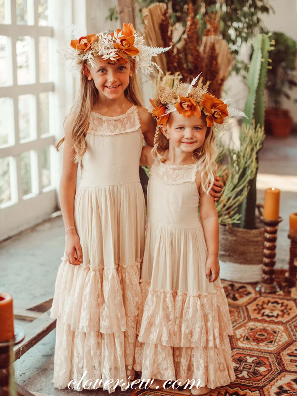 Blush Pink Lace Cute Sweet Tiered A-line Flower Girl Dresses, CF0008