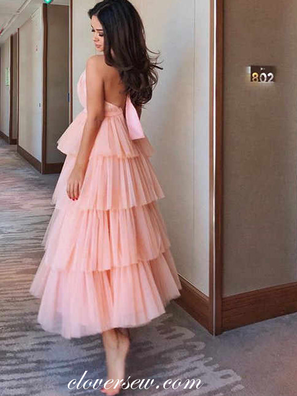 Blush Pink Tulle Tiered Halter Ankle Length A-line Prom Dresses , CP0500