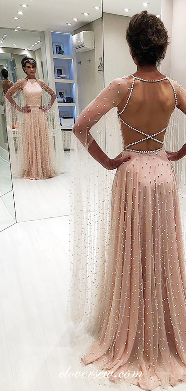 Blush Pink Beaded Tulle Long Sleeves A-line Prom Dresses,CP0248