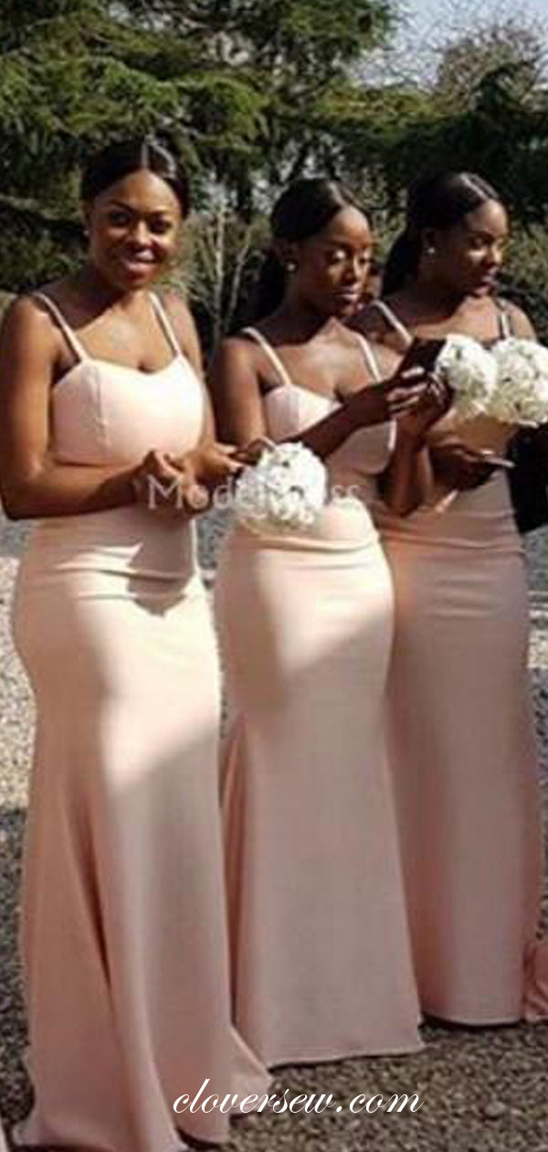 Blush Pink Satin Spaghetti Strap Sheath Long Bridesmaid Dresses,CB0100