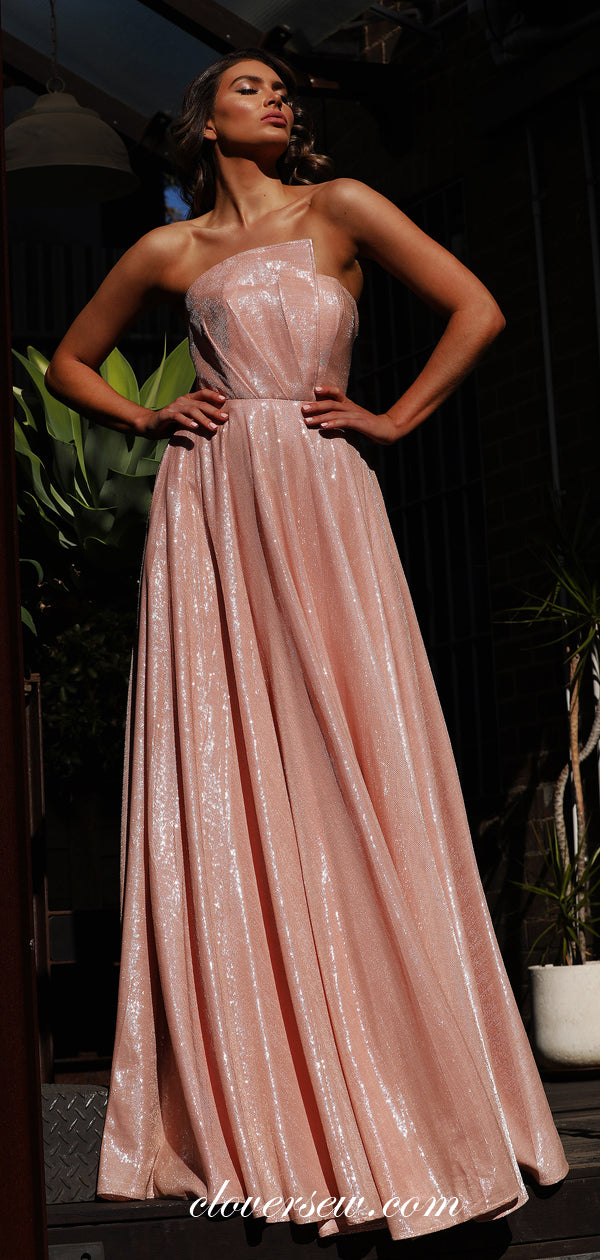 Blush Pink Sparkly Organza Strapless Prom Dresses, CP0027