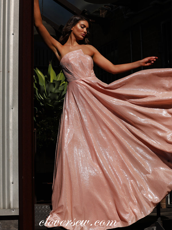 Blush Pink Sparkly Organza Strapless Prom Dresses, CP0027