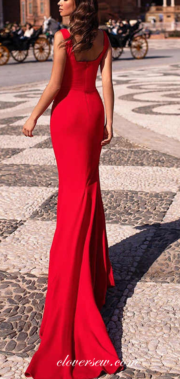 Bright Red Jersey Sheath High Slit Scoop Neck Party Dresses, CP0573