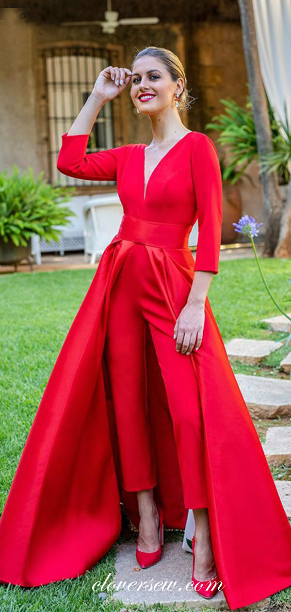 Bright Red Satin Long Sleeves V-back Jumpsuit Prom Dresses, CP0552