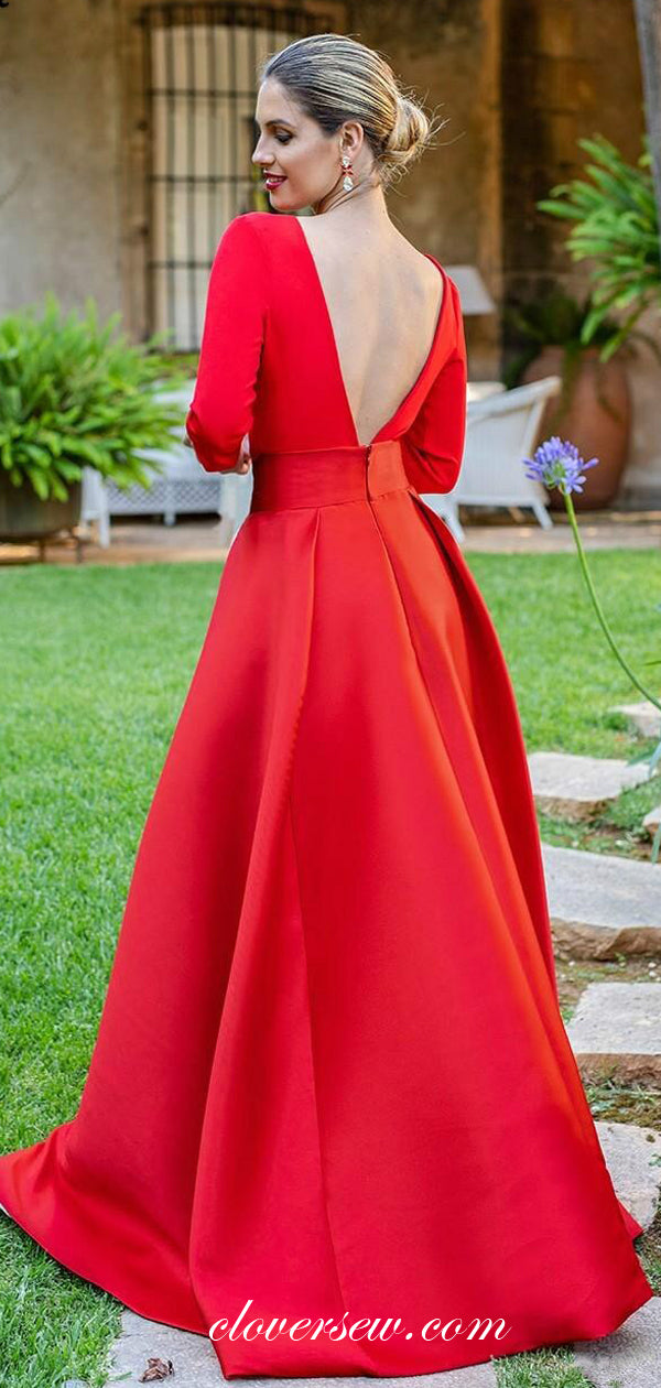 Bright Red Satin Long Sleeves V-back Jumpsuit Prom Dresses, CP0552