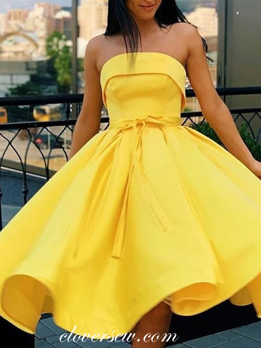 Bright Yellow Satin Strapless With Belt Charming Homecoming Dresses, CH0044