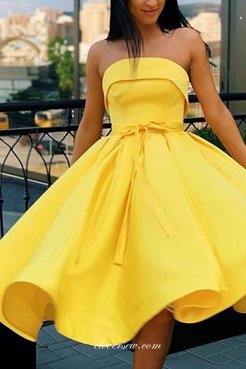 Bright Yellow Satin Strapless With Belt Charming Homecoming Dresses, CH0044