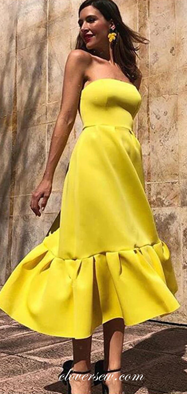 Bright Lemon Yellow Satin Strapless Ruffles Tea Length Party Dresses, CP0459