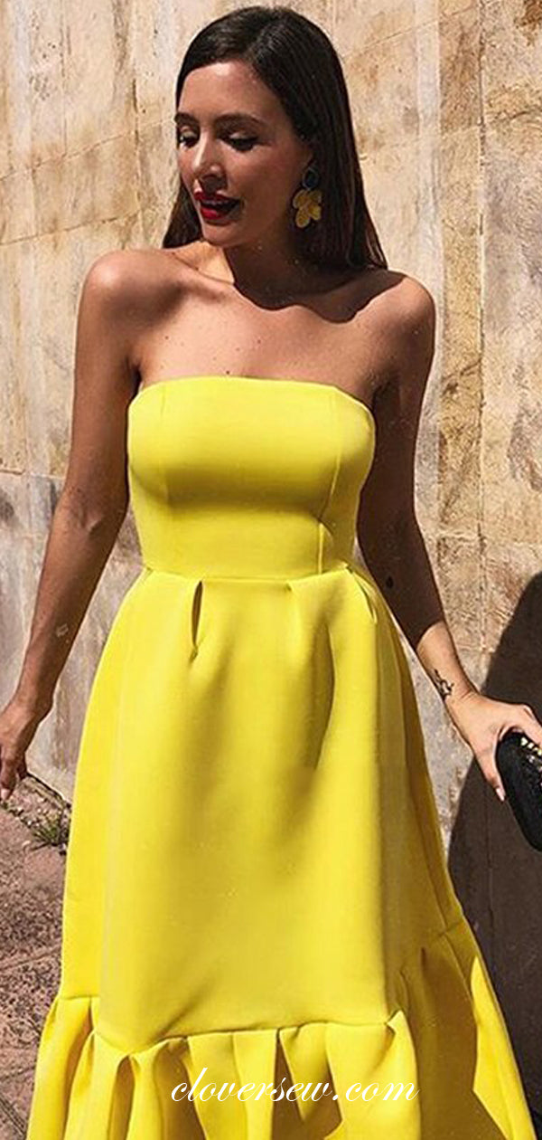 Bright Lemon Yellow Satin Strapless Ruffles Tea Length Party Dresses, CP0459