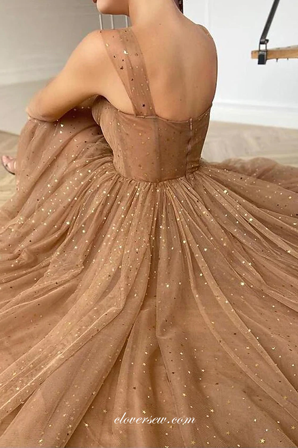 Brown Sequined Tulle Fashion A-line Ankle Length Prom Dresse, CP0725