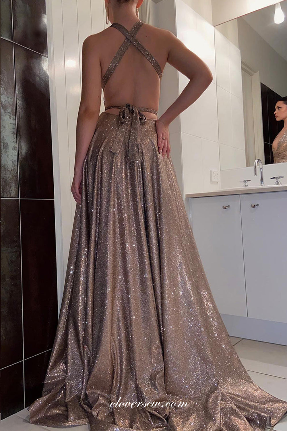 Brown Shiny Satin Convertible A-line With Side Slit Prom Dresses, CP0930