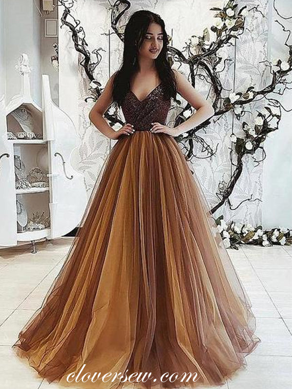 Brown Tulle Applique Sleeveless A-line Prom Dresses,CP0414