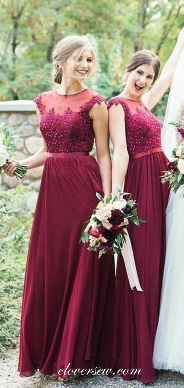 Burgundy Chiffon Bead Applique Cap Sleeves Bridesmaid Dresses, CB0217