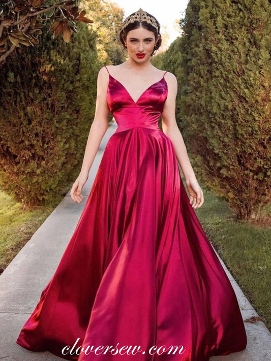 Burgundy Elastic Satin Spaghetti Strap A-line Prom Dresses, CP0584