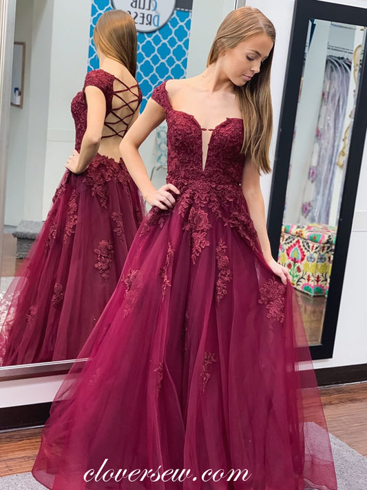 Burgundy Lace Applique Off The Shoulder Open Back Prom Dresses, CP0576