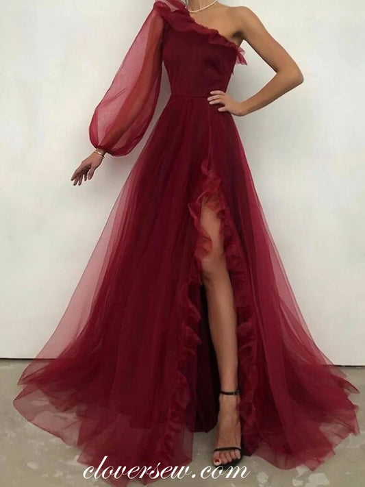 Burgundy Tulle One Shoulder A-line Ruffles Slit Prom Dresses, CP0782