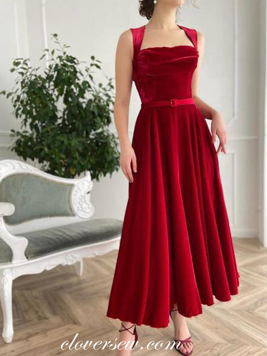 Burgundy Velvet Open Back Elegant Ankle Length Prom Dresses, CP0746