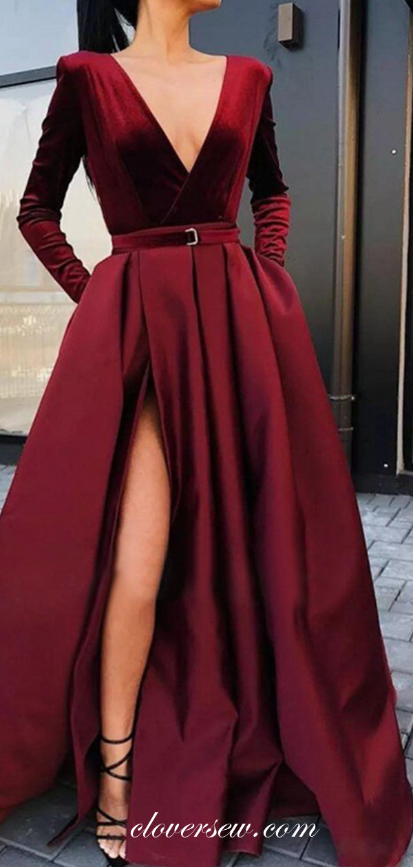 Burgundy Velvet Satin Long Sleeves Side Slit A-line Formal Dresses, CP0619