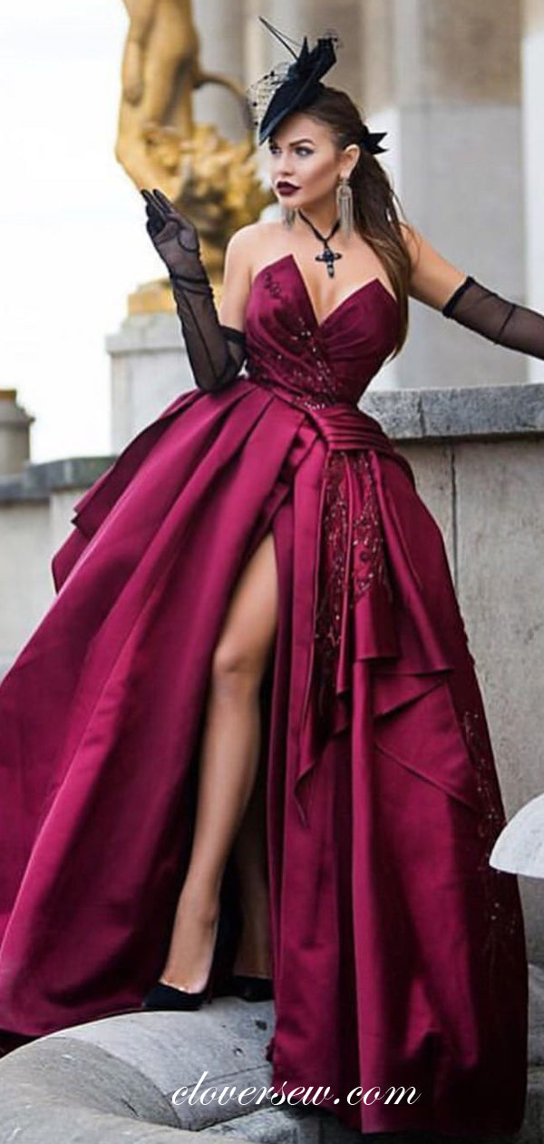 Burgundy Satin Strapless Bead Applique Ball Gown Prom Dresses, CP0125