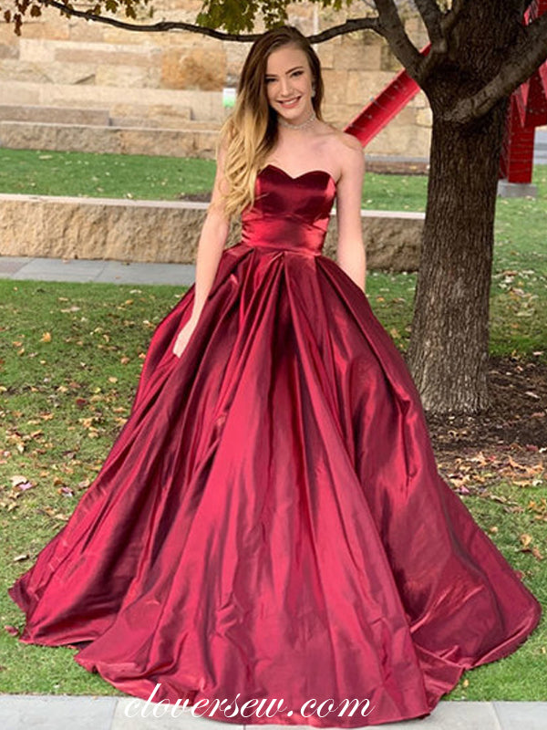 Burgundy Satin Sweetheart Strapless Ball Gown Prom Dresses,CP0130