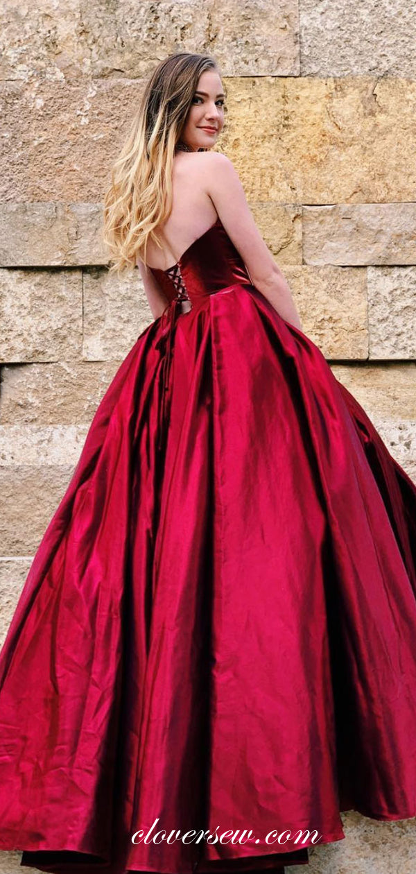 Burgundy Satin Sweetheart Strapless Ball Gown Prom Dresses,CP0130