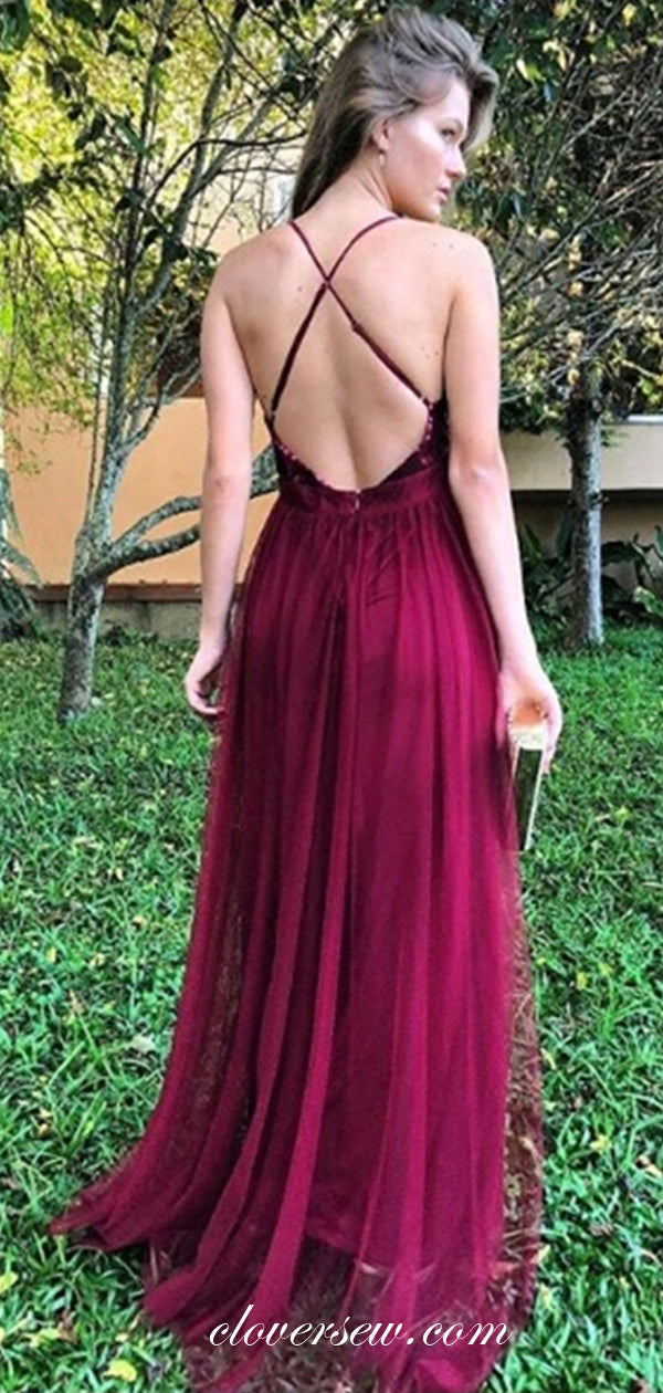 Burgundy Sequin Tulle Spaghetti Strap Backless A-line Prom Dresses,CP0254