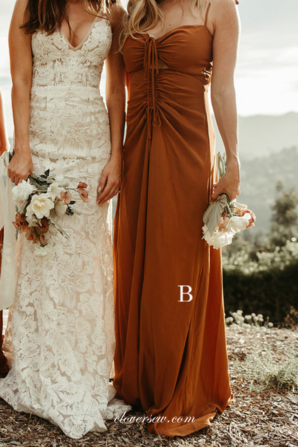 Burnt Orange Chiffon Mismatched Sheath Side Slit Bridesmaid Dresses, CB0228
