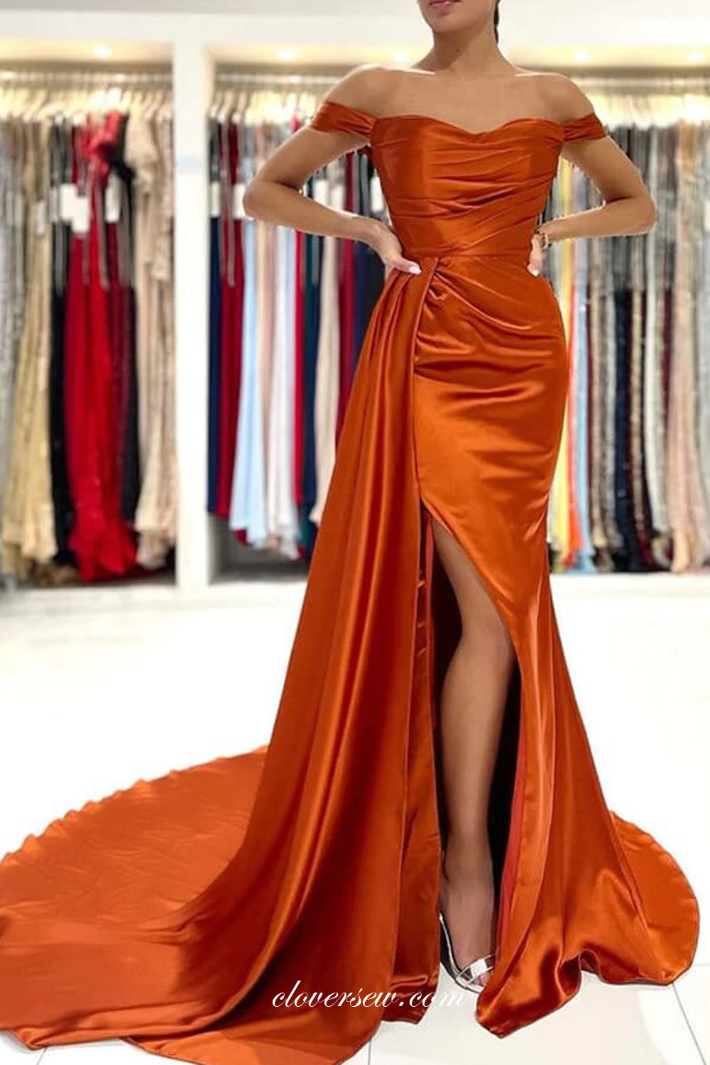 Burnt Orange Satin Off The Shoulder With Sweep Trap Formal Dresses, CP0937
