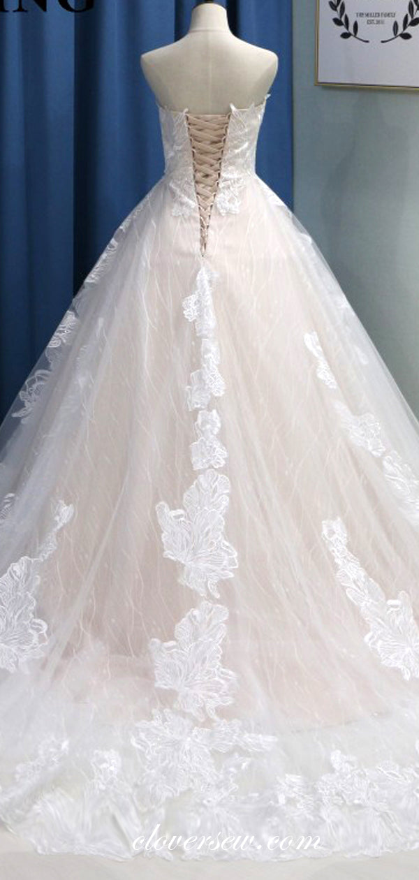 Champagne Lace Sweetheart Strapless Ball Gown Wedding Dresses, CW0177