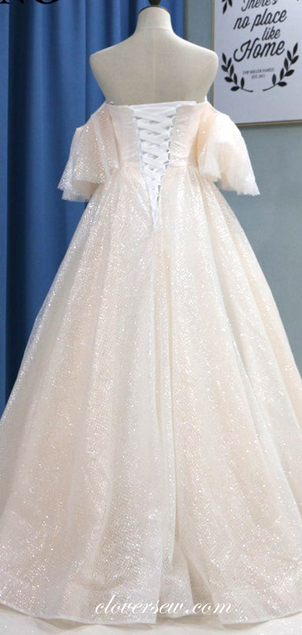 Champagne Sequin Tulle Off The Shoulder Wedding Dresses, CW0176