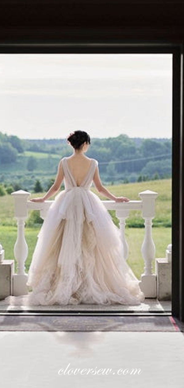 Champagne Tulle V-back Sleeveless Ball Gown Wedding Dresses, CW0224