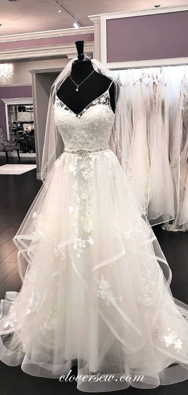 Charming Lace Ivory Tulle V-neck A-line Wedding Dresses , CW0055