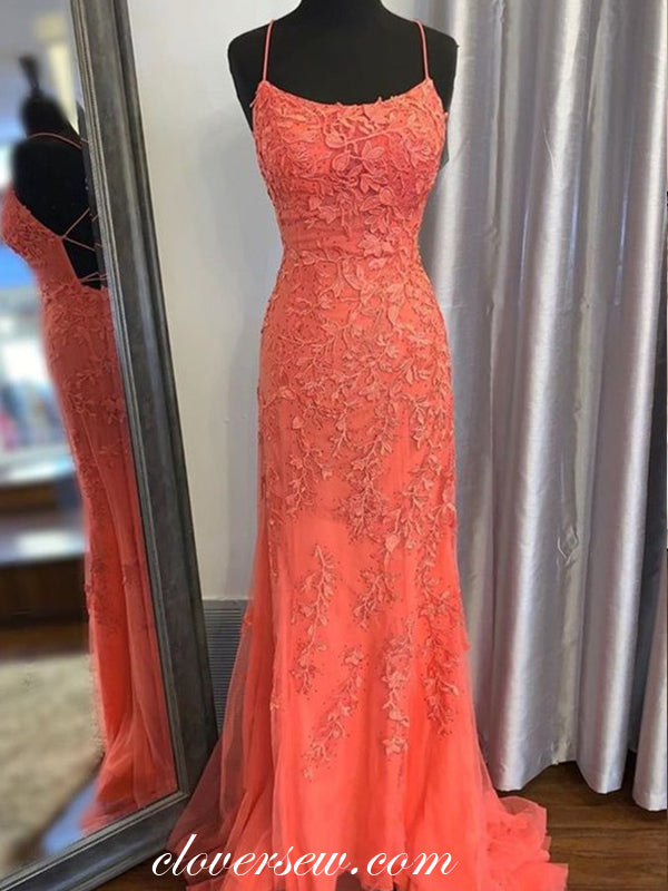Coral Lace Applique Sheath Backless Popular Prom Dresses, CP0592