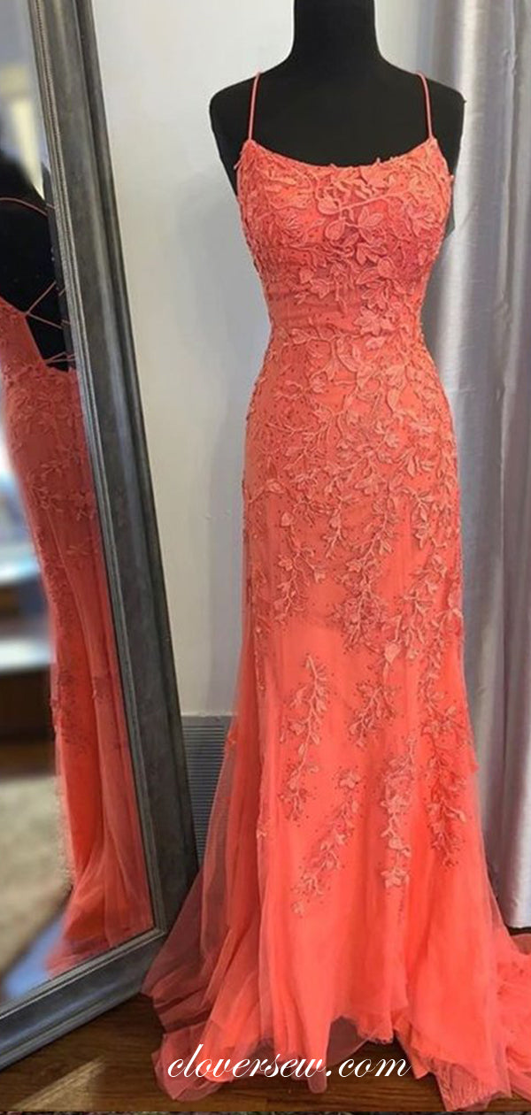 Coral Lace Applique Sheath Backless Popular Prom Dresses, CP0592