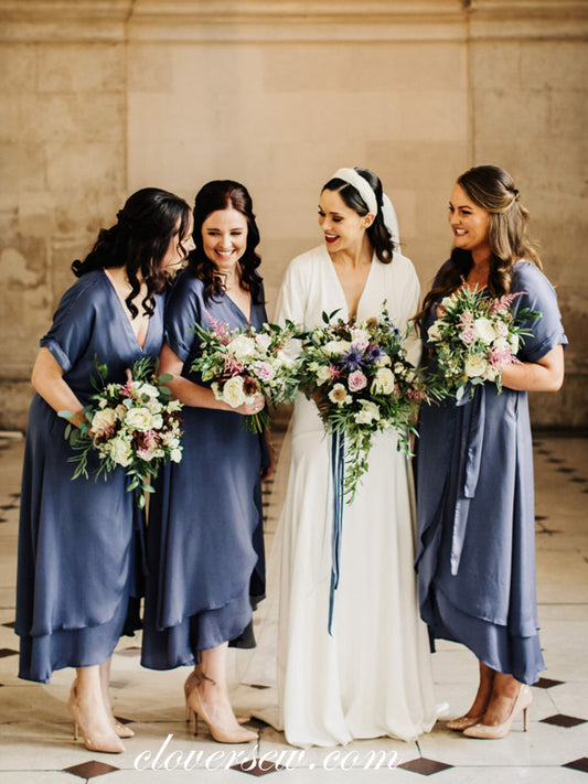 Cornflower Blue V-neck Short Sleeves Wrap High Low Bridesmaid Dresses, CB0231