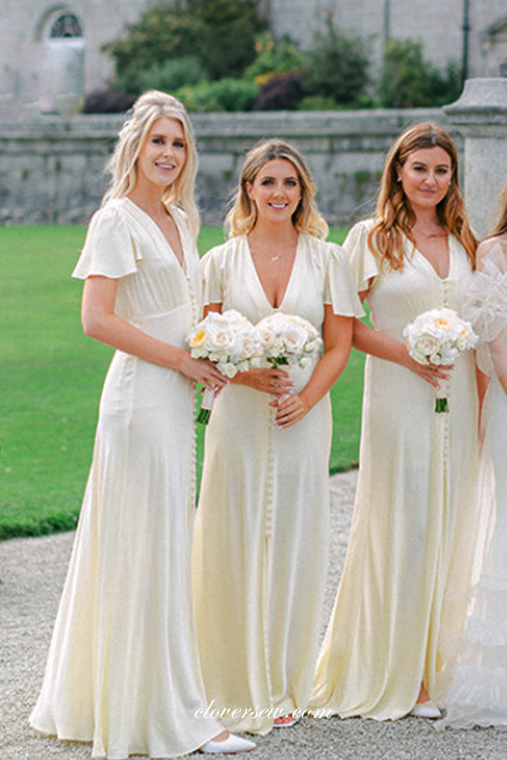 Cream V-neck Short Sleeves Column Elegant Long Bridesmaid Dresses, CB0275