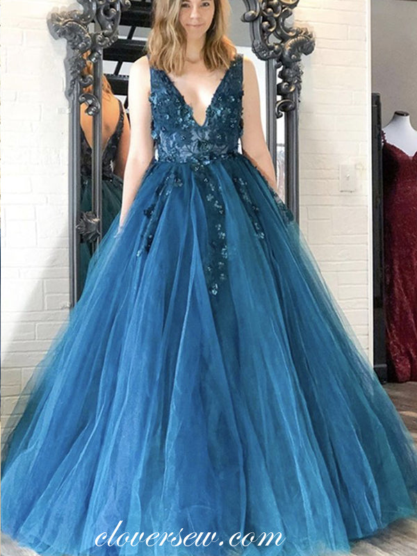 Dark Blue 3D Applique V-neck Sleeveless A-line Prom Dresses, CP0587