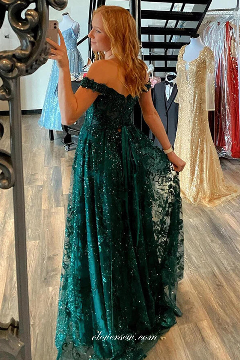 Dark Green Beading Lace Off The Shoulder A-line Prom Dresses, CP0981